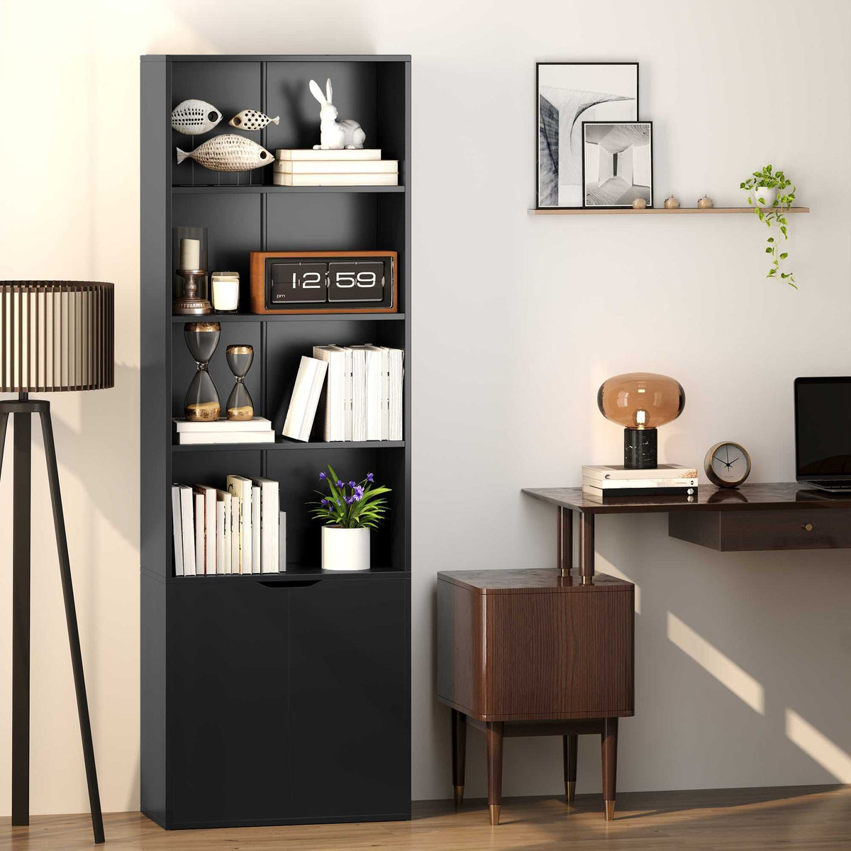 Bibliothèque Armoire à livres avec 4 compartiments ouverts et 2 portes pour le salon et le bureau 59x29x180 cm Noir-1