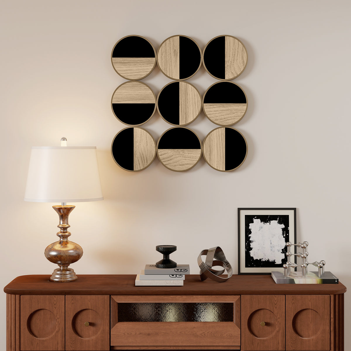 Décoration murale en métal, sculpture murale en métal, design unique à plusieurs disques, 60 x 60 cm, naturel et noir-7