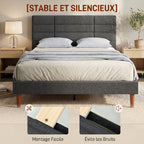 Cadre de Lit 140 x 200 cm avec Sommier Bois, Lit Double Rembourré en Effet Lin, Rangement au-dessous, Sans Bruit, Gris-4