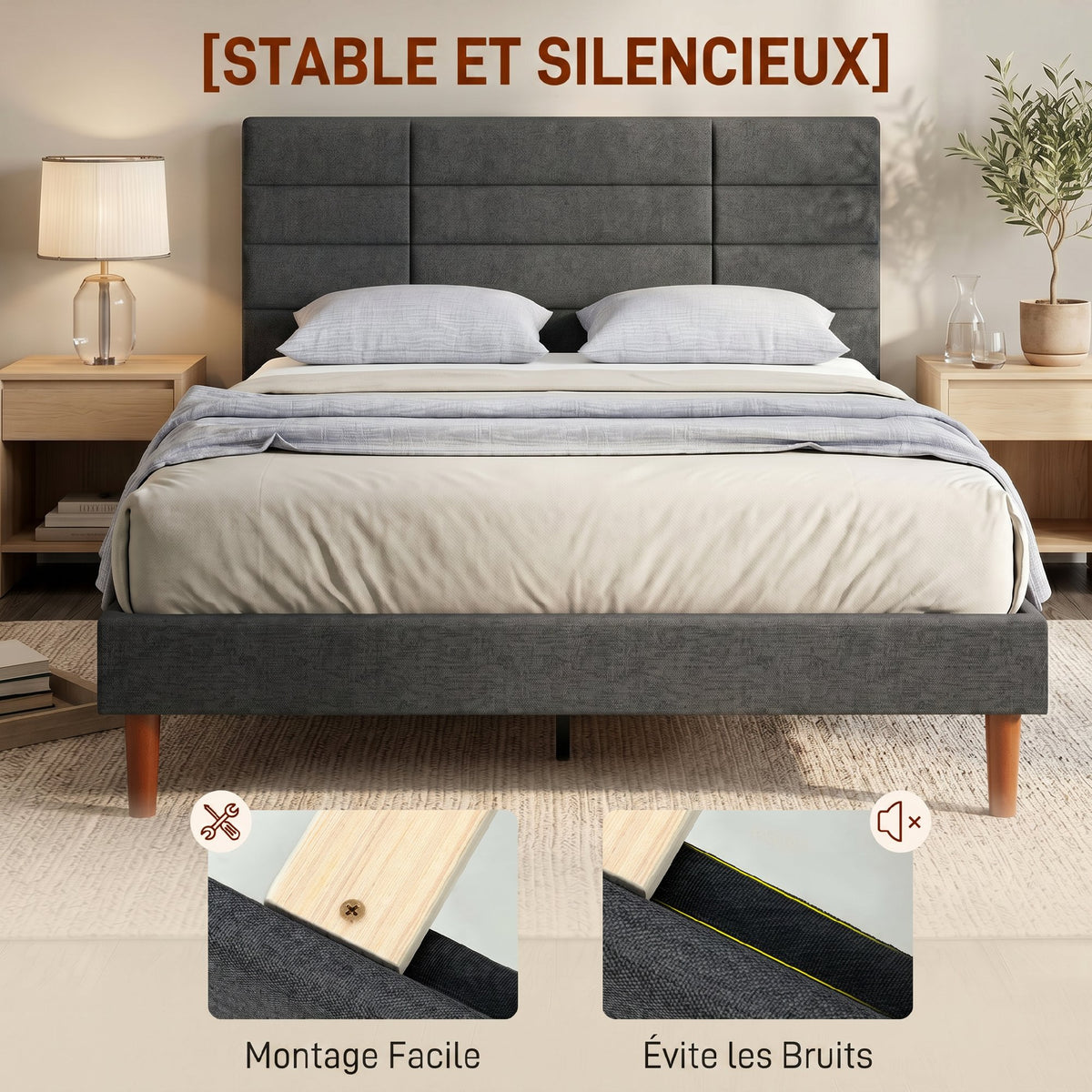 Cadre de Lit 140 x 200 cm avec Sommier Bois, Lit Double Rembourré en Effet Lin, Rangement au-dessous, Sans Bruit, Gris-4