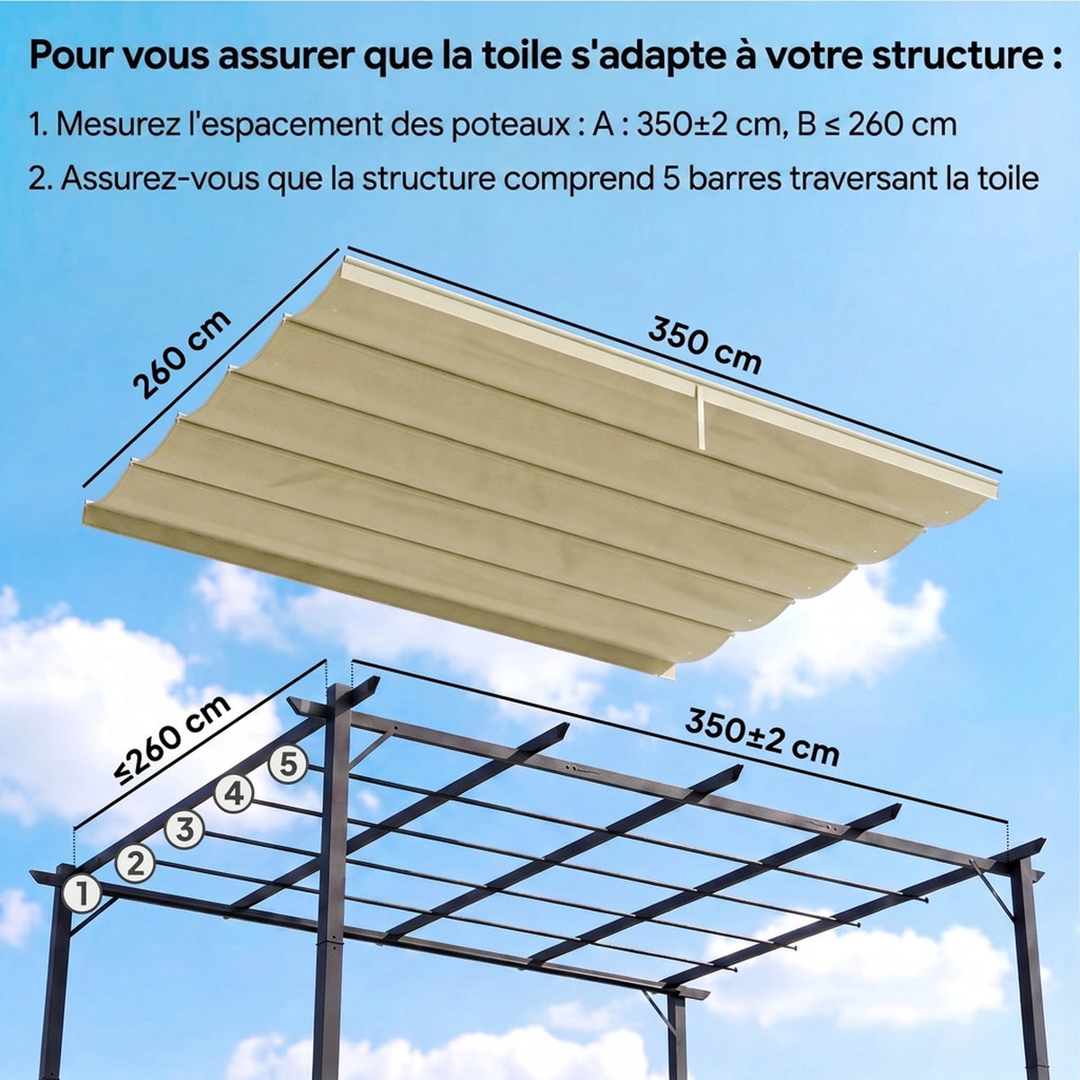 Toile de toit pour pergola tonnelle rétractable de 4 x 3 m - toile uniquement 350 x 260 cm beige-3