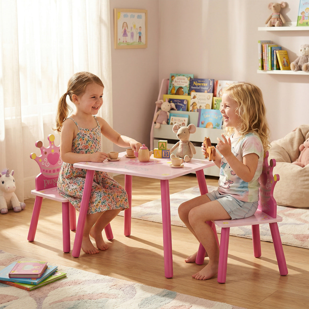 Ensemble table et 2 chaises enfant 3 pièces, pieds en bois massif, table avec chaise motif couronne, pour filles et garçons de 2 à 4 ans, rose-9
