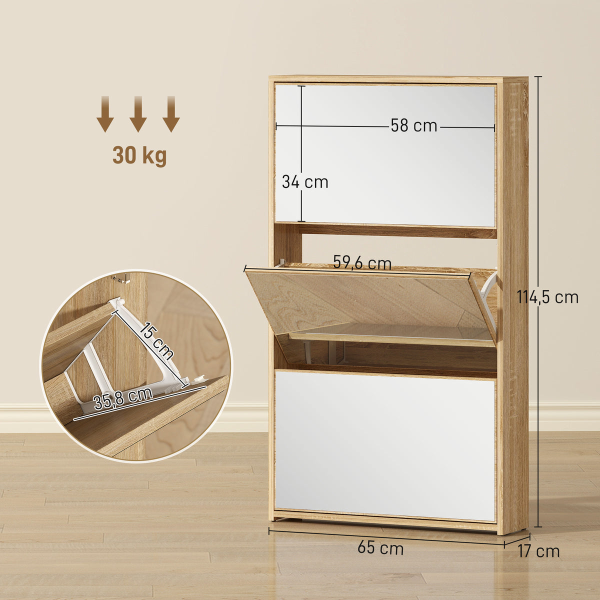 Meuble à chaussures 9 paires, armoire à chaussures étroite, 3 tiroirs rabattables portes miroirs, 65x17x114,5cm naturel-2