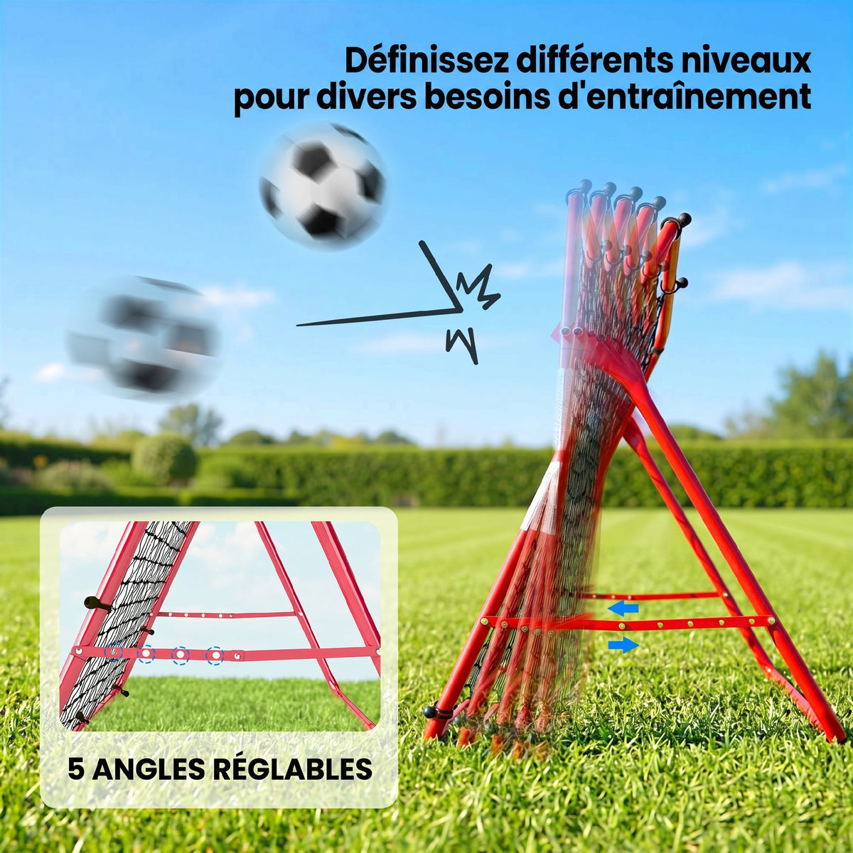 Filet de Rebond Football Portable, 5 Angles Réglables en Acier et Nylon à Double Couche, 103x72x89cm, Rouge-3