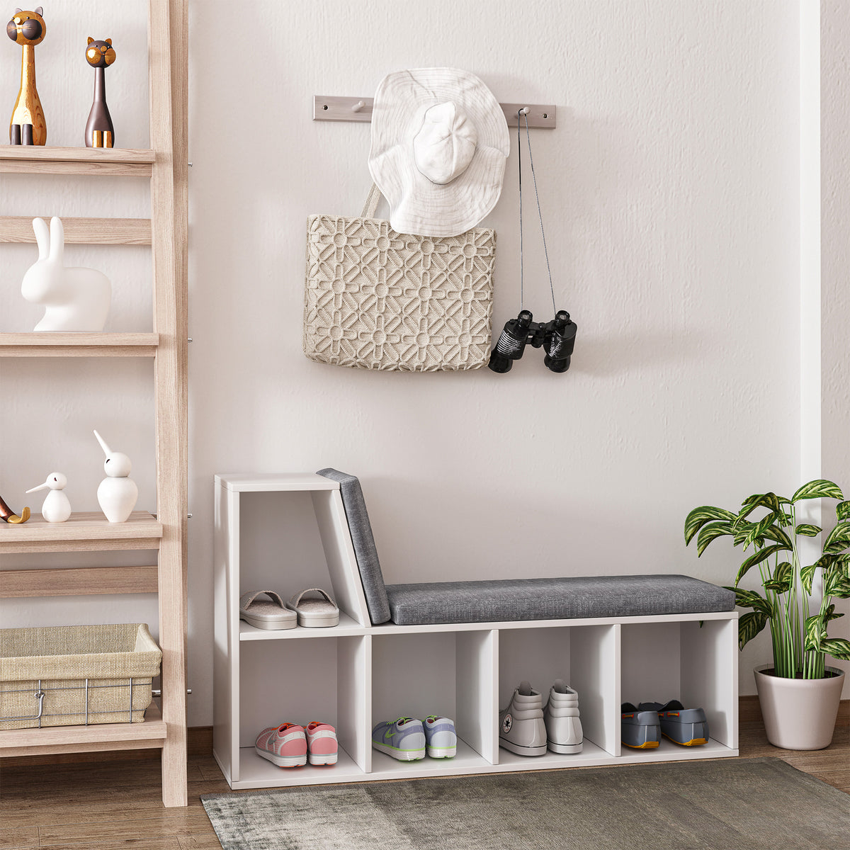 Bibliothèque banc 2 en 1 avec 5 compartiments de rangement et 2 coussins 108 x 30 x 60 cm blanc gris-9