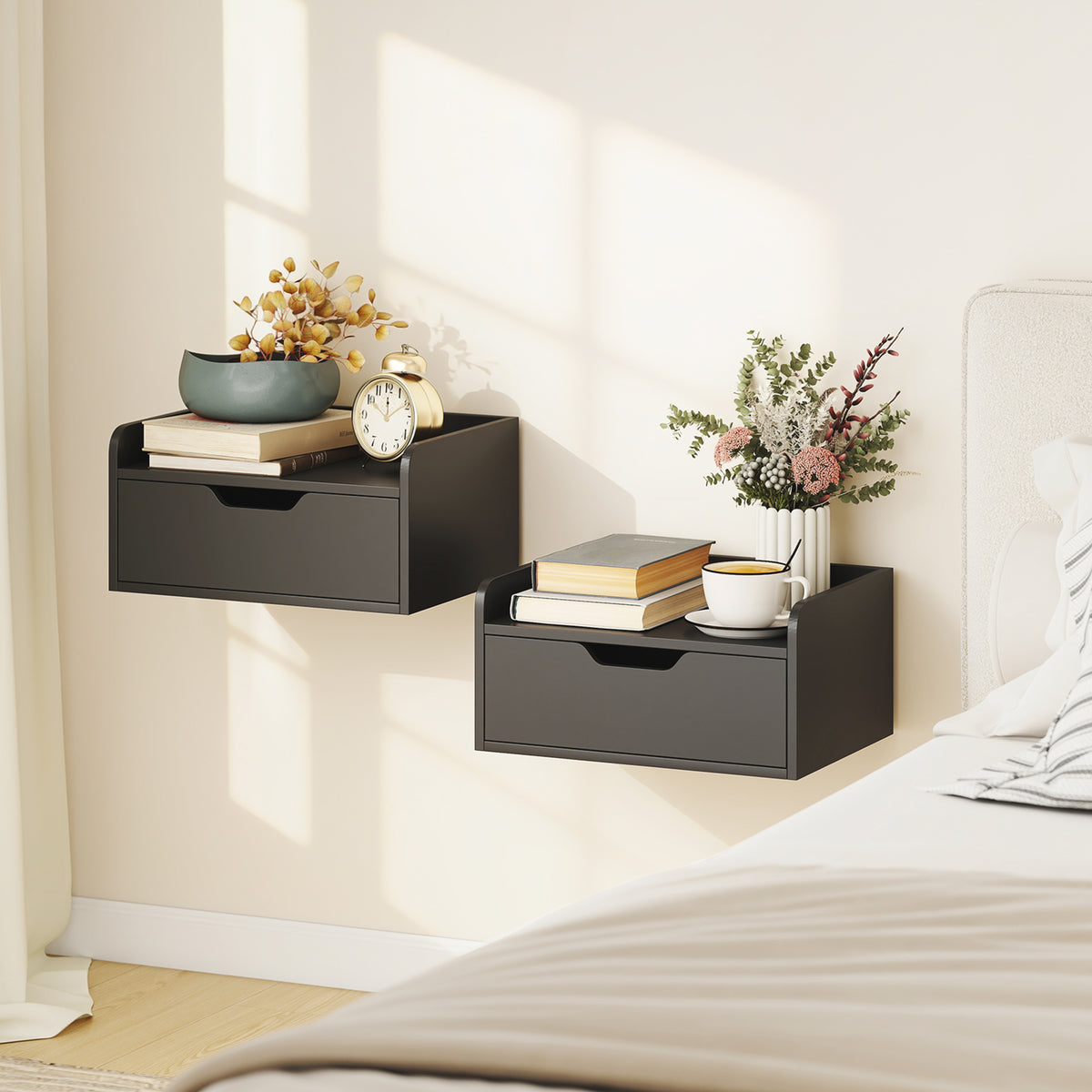 Lot de 2 tables de chevet murales tables de nuit suspendues tiroir plateau aspect bois dim. 40L x 30l x 19,5H cm-8