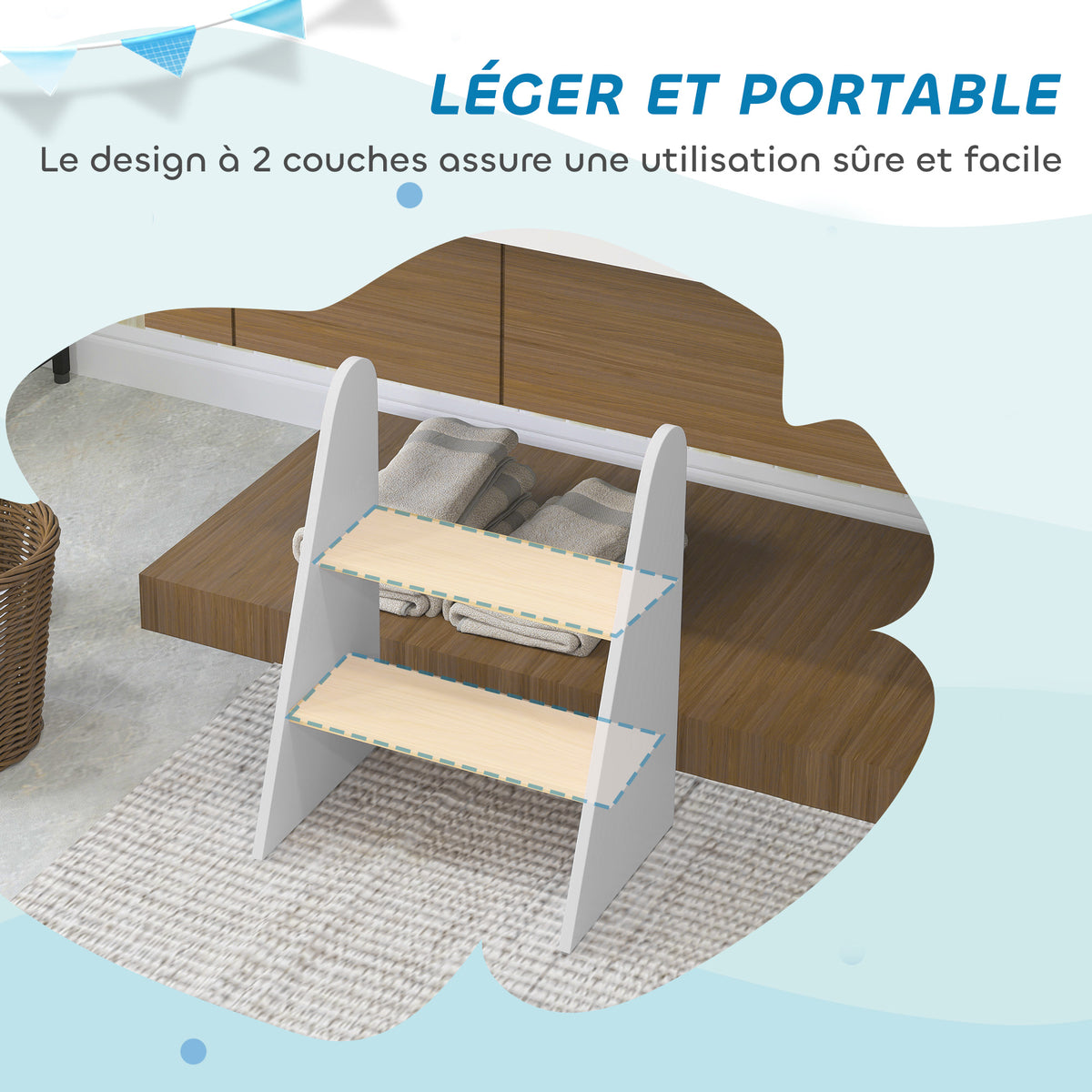 Marche pied enfant marchepied enfants 2 marches pour enfants 3 à 8 ans en bois charge max. 20 kg blanc-4