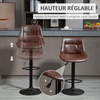 Lot de 2 tabourets de Bar Vintage réglable pivotant avec Repose-Pied revêtement synthétique Marron Effet Vieilli-3