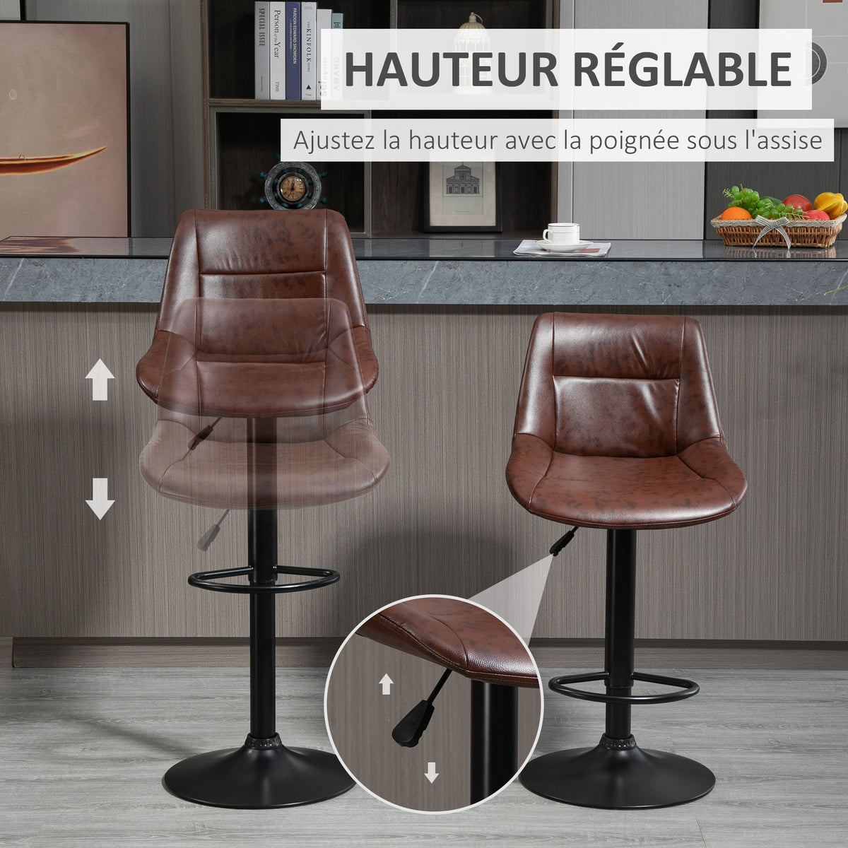 Lot de 2 tabourets de Bar Vintage réglable pivotant avec Repose-Pied revêtement synthétique Marron Effet Vieilli-3