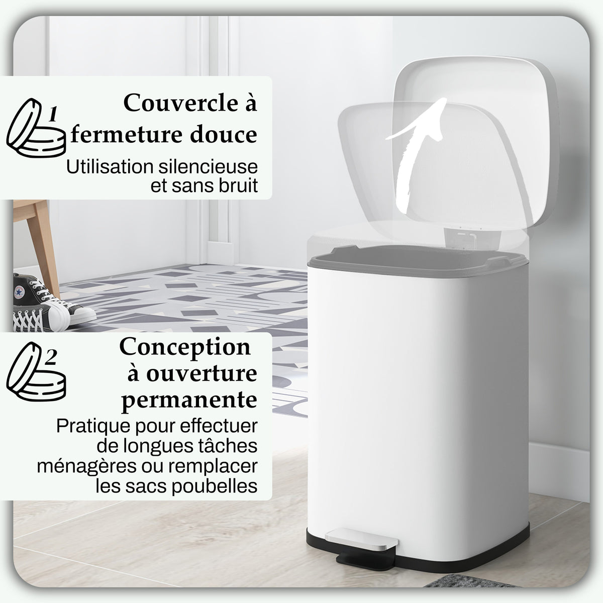 Poubelle de cuisine 20L avec couvercle à fermeture douce et pédale, seau intérieur amovible, 28L x 35l x 45H cm, blanc-4