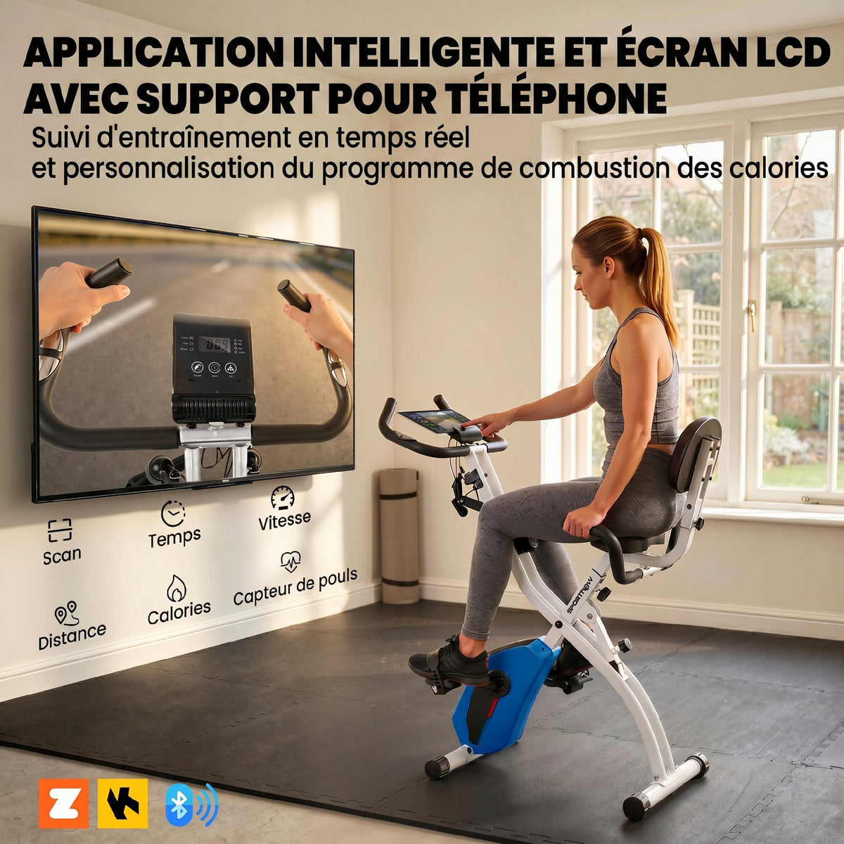 Vélo d'Appartement Pliable Vélo de Fitness 4 en 1 Silencieux Connecté Kinomap Bluetooth et Zwift 105x53,5x109cm Bleu-4