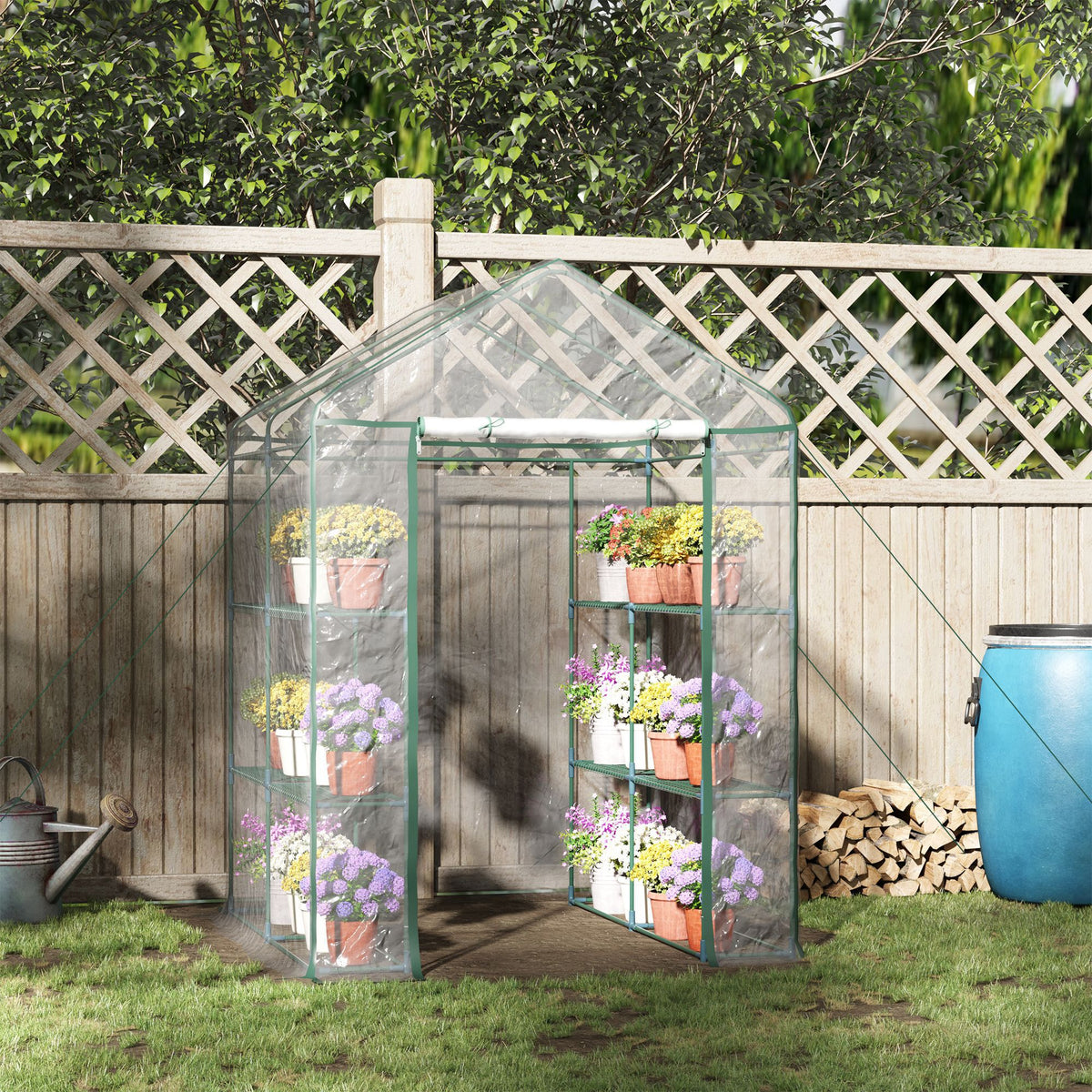 Serre jardin étagères 3 niveaux, balcon, châssis acier, porte zippée, int./ext., 143x143x195cm, transparent-1