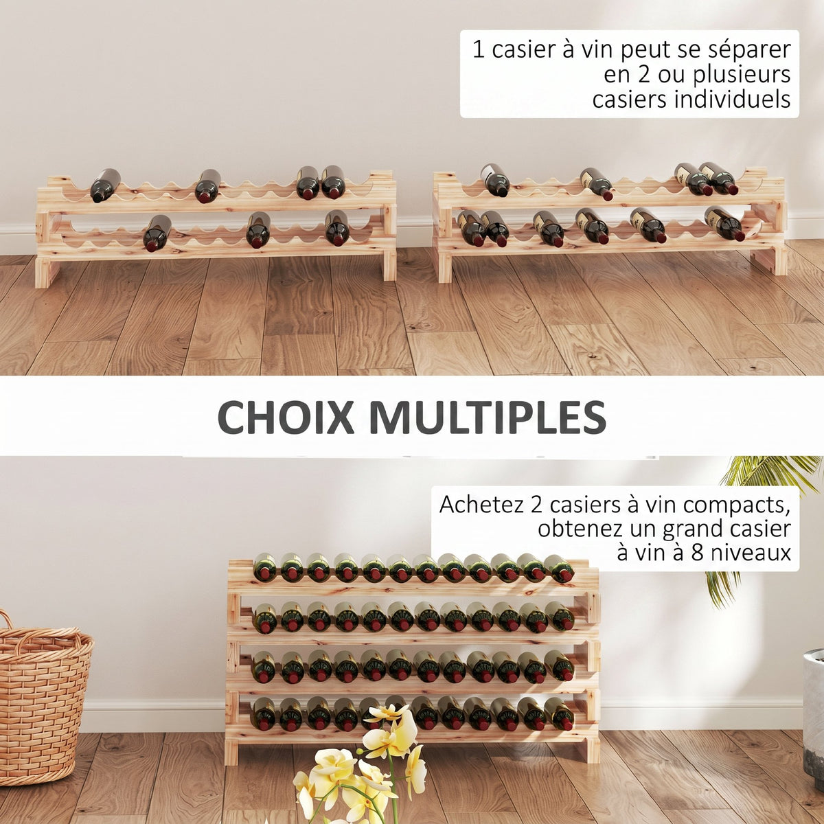 Casier à bouteilles pour 48 bouteilles, étagère à vin avec 4 niveaux modulable, 114×28×56,5cm, bois naturel-3