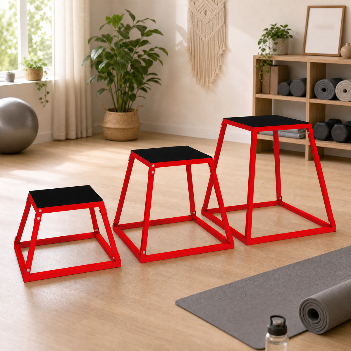 Boîte Entraînement Pliométrique Trapézoïdale en Acier, 3 Plateformes de Saut Antidérapantes 30,5/45,8/61 cm, Rouge-1