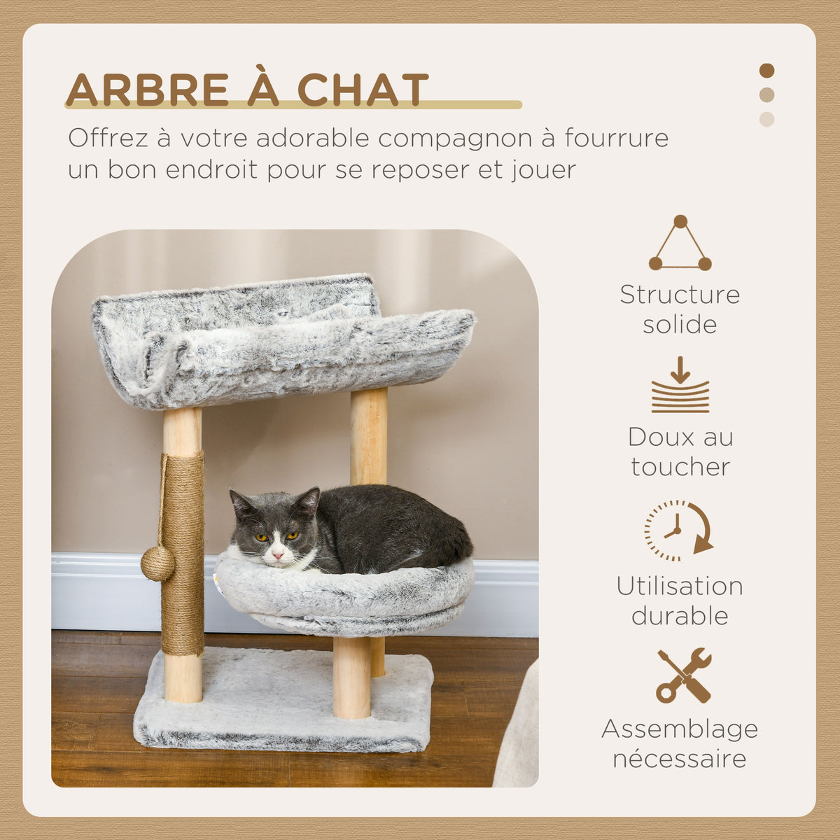 Abre à chat avec griffoir 1 niche supérieure avec coussin lavable 1 niche ronde peluche hauteur 60 cm gris-3