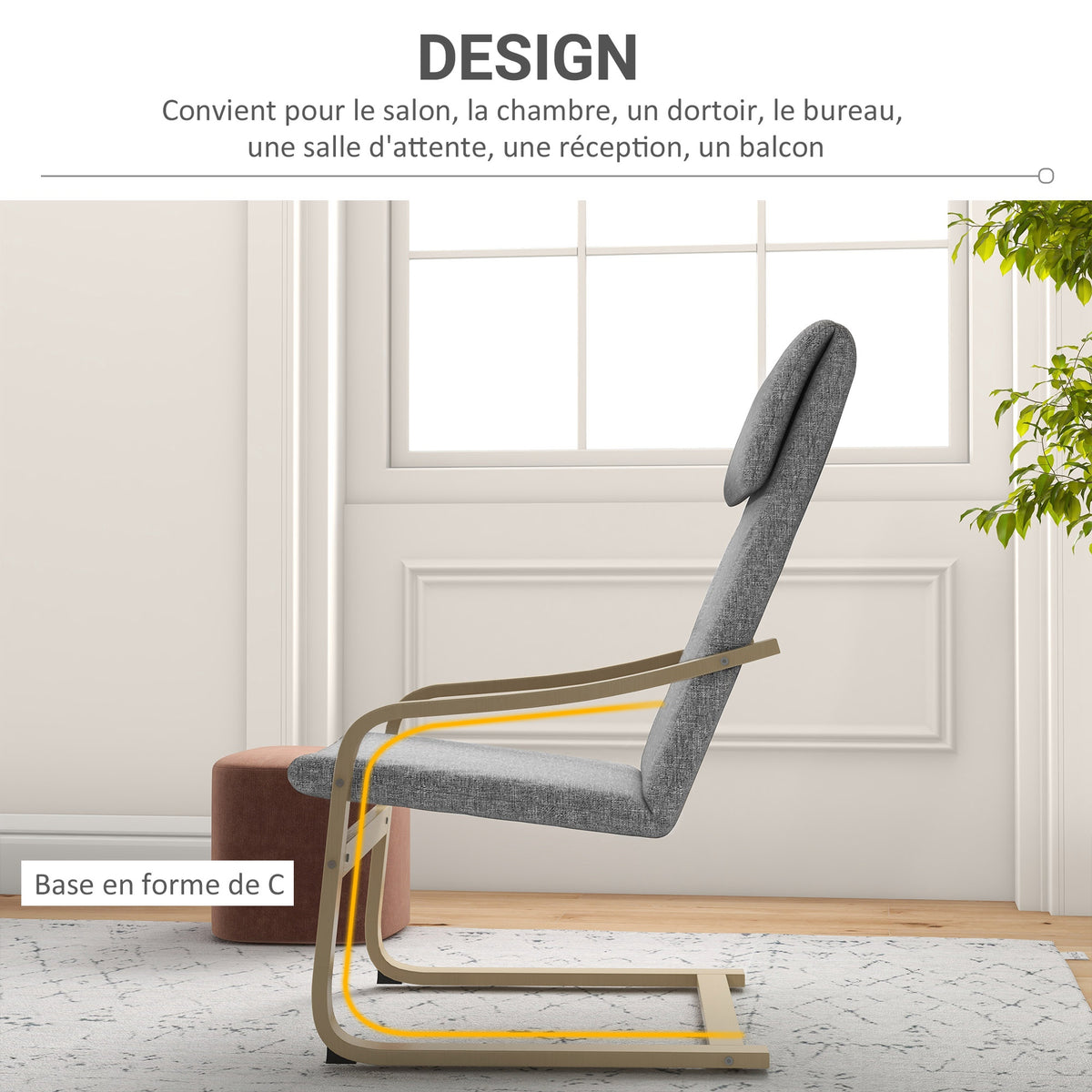 Fauteuil de salon, fauteuil chambre avec accoudoirs incurvés, coussin, tissu aspect lin, 65 x 79 x 98 cm, gris-4