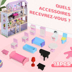 Maison de poupée en Bois Jeu d'imitation 4 Étages pour 3+ ans avec 13 Accessoires Grand réalisme Multi-équipement 60L x 30l x 80H cm Blanc et Rose-5