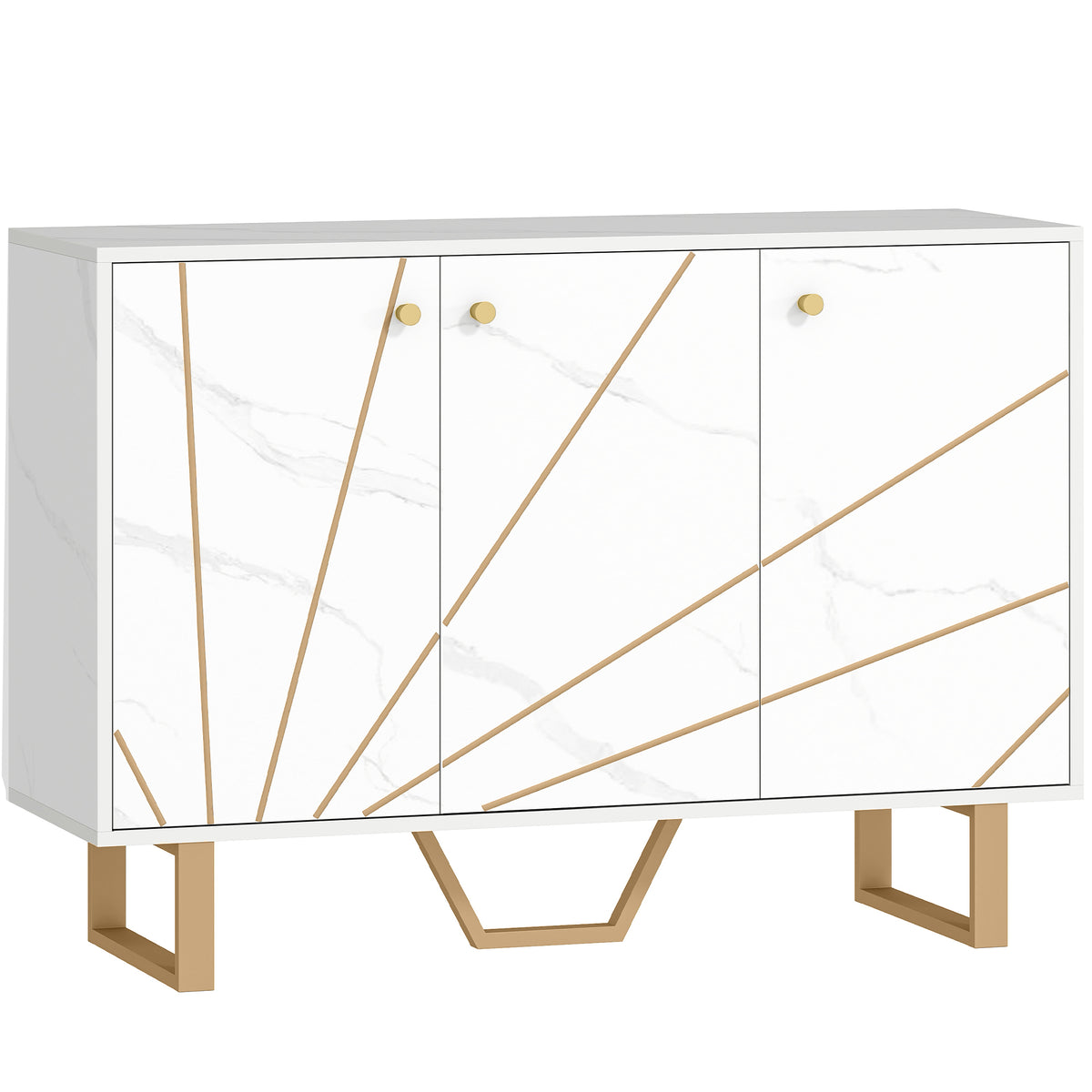 Meuble de rangement buffet salon avec 2 placards 3 portes et étagère réglable, pieds en métal, aspect marbre blanc-0