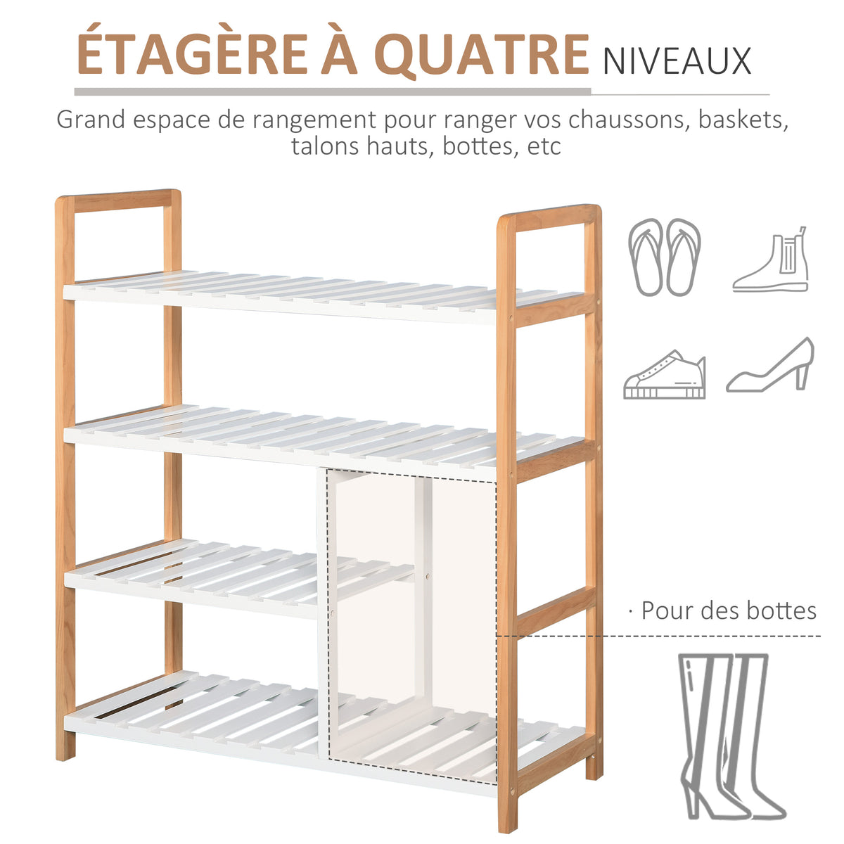 Etagère à Chaussures - étagère de Rangement - Meuble Chaussures 4 Niveaux Bois de pin étagères à Lattes MDF Blanc-3