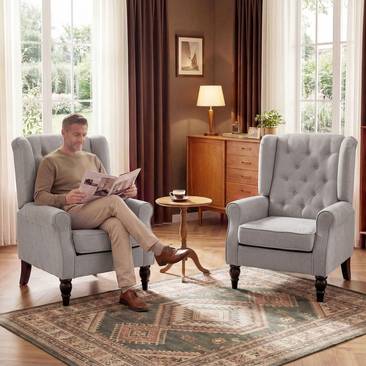 Fauteuil de salon capitonné avec assise large, pieds en bois, style classique, grand confort, 74 x 86 x 102 cm, gris-8