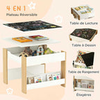 Ensemble 3 pièces table et 2 chaises pour enfant avec plateau réversible tableau noir, panier de rangement, étagères-3