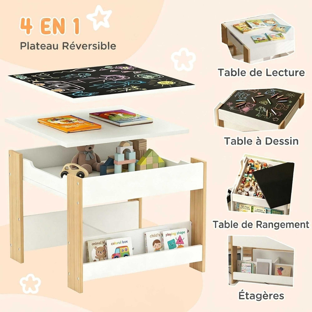 Ensemble 3 pièces table et 2 chaises pour enfant avec plateau réversible tableau noir, panier de rangement, étagères-3