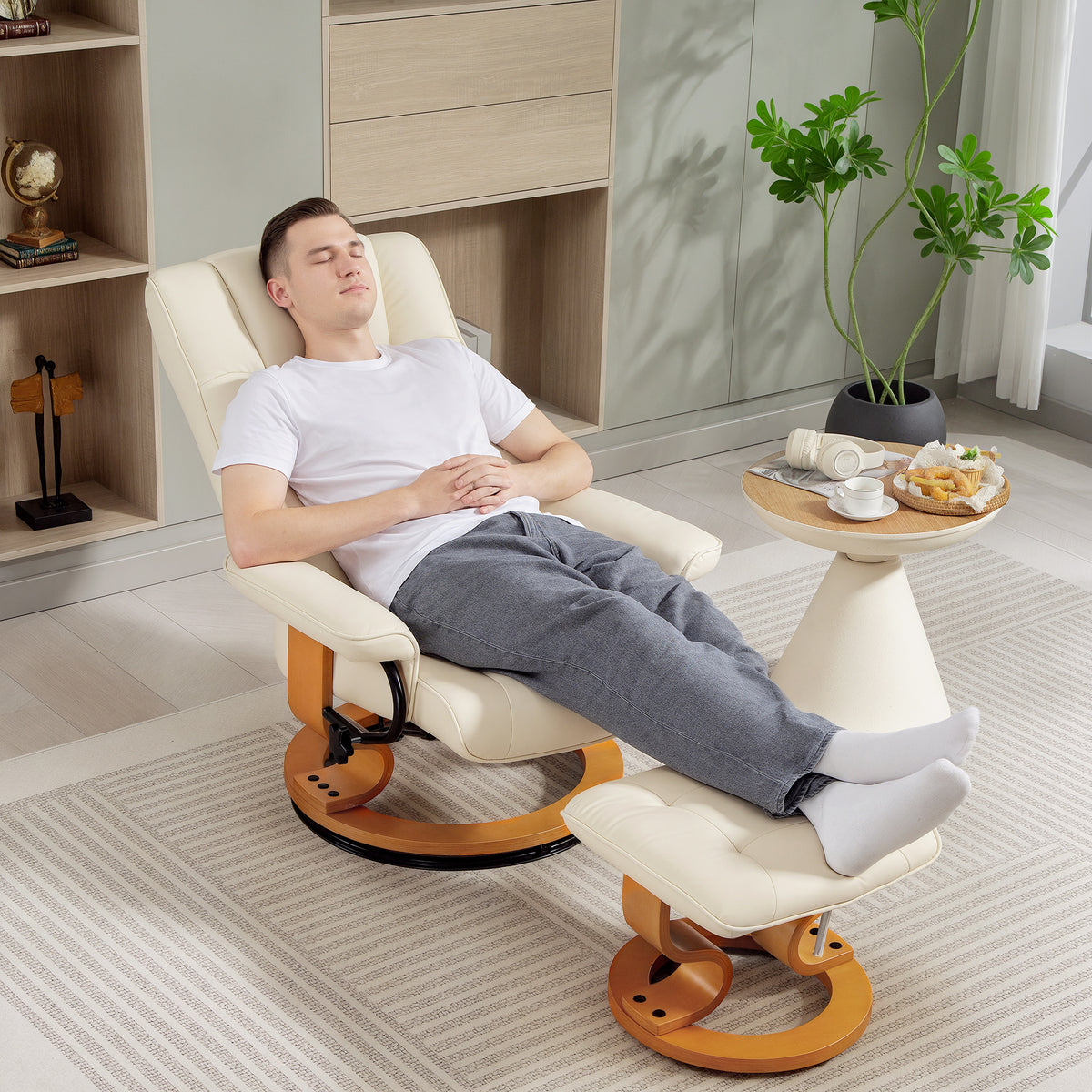 Fauteuil de relaxation inclinable avec repose-pied, pivotant, cadre en bois , revêtement synthétique crème-8