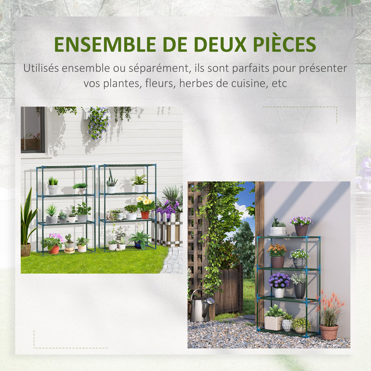 Lot de 2 Étagères à Fleurs en acier 4 Niveaux Intérieur et Extérieur, support de plantes 70 x 27 x 110 cm, vert-3