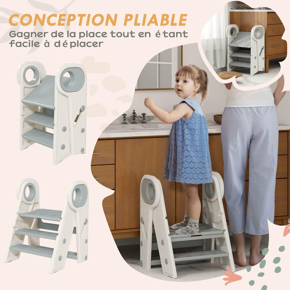 Marche pied pour enfant 3 marches, marchepied de cuisine pour enfant, pliable, hauteur ajustable de 2 à 3 marches, gris-3
