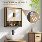 Armoire murale salle de bain avec miroir, meuble salle de bain avec compartiment ouvert et étagère réglable, chêne-7