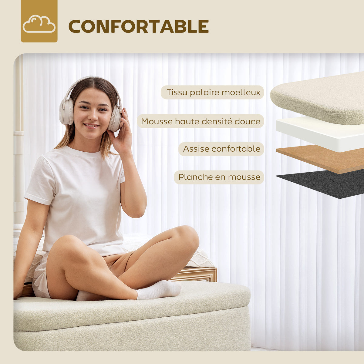Banc de rangement, bout de lit avec couvercle, pieds en bois, capacité 65 L, jusqu'à 220 kg, 120x42x45cm, beige-4