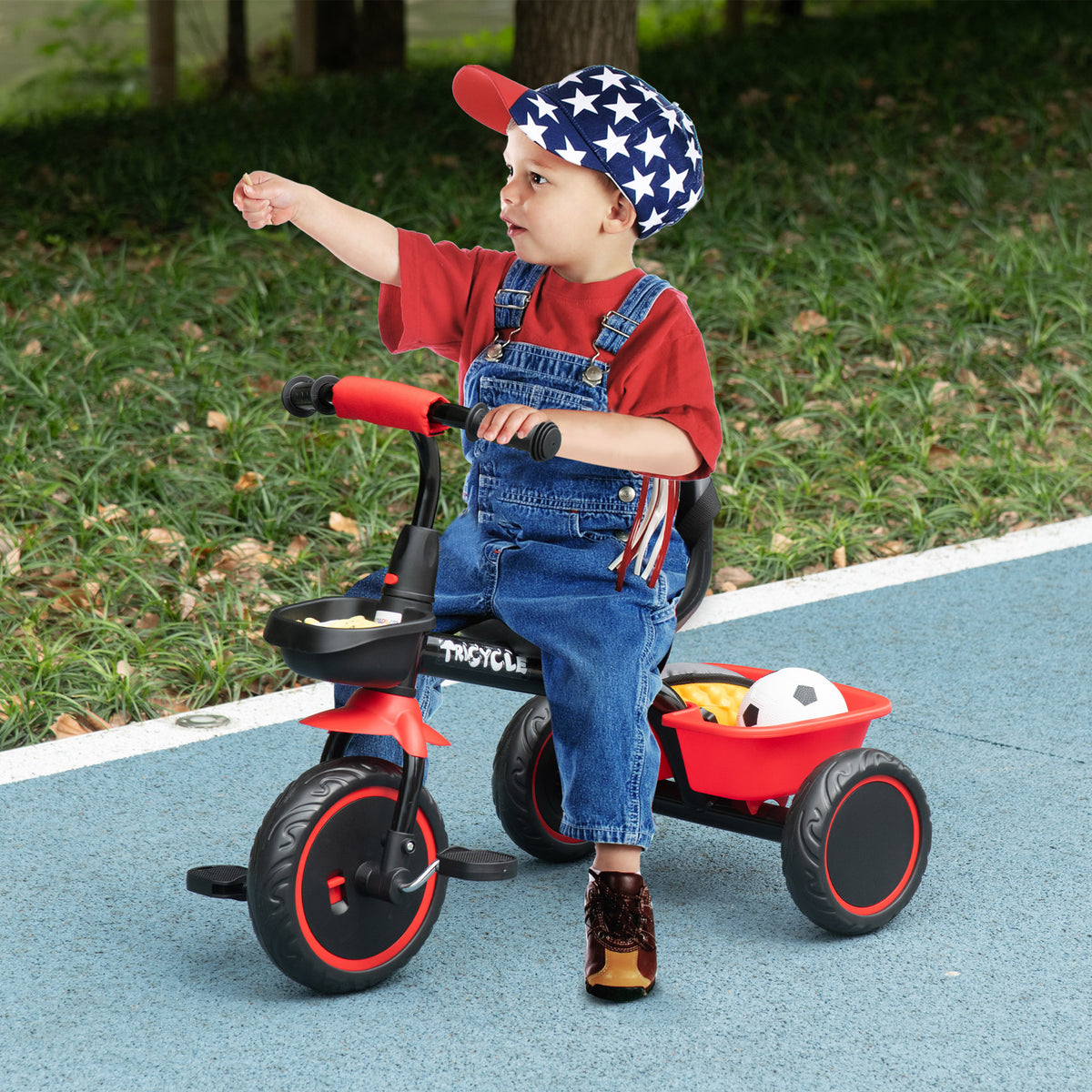 Tricycle pour enfant évolutif avec siège réglable pédales 2 paniers ceinture pour enfant de 2 à 5 ans rouge et noir-1