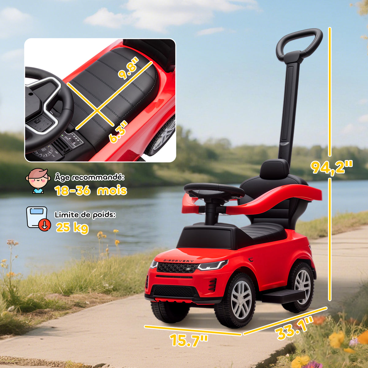 Porteur enfants Land Rover Discovery sous licence, porteur voiture à pousser avec poignée amovible, 84x40x94,5cm, rouge-2