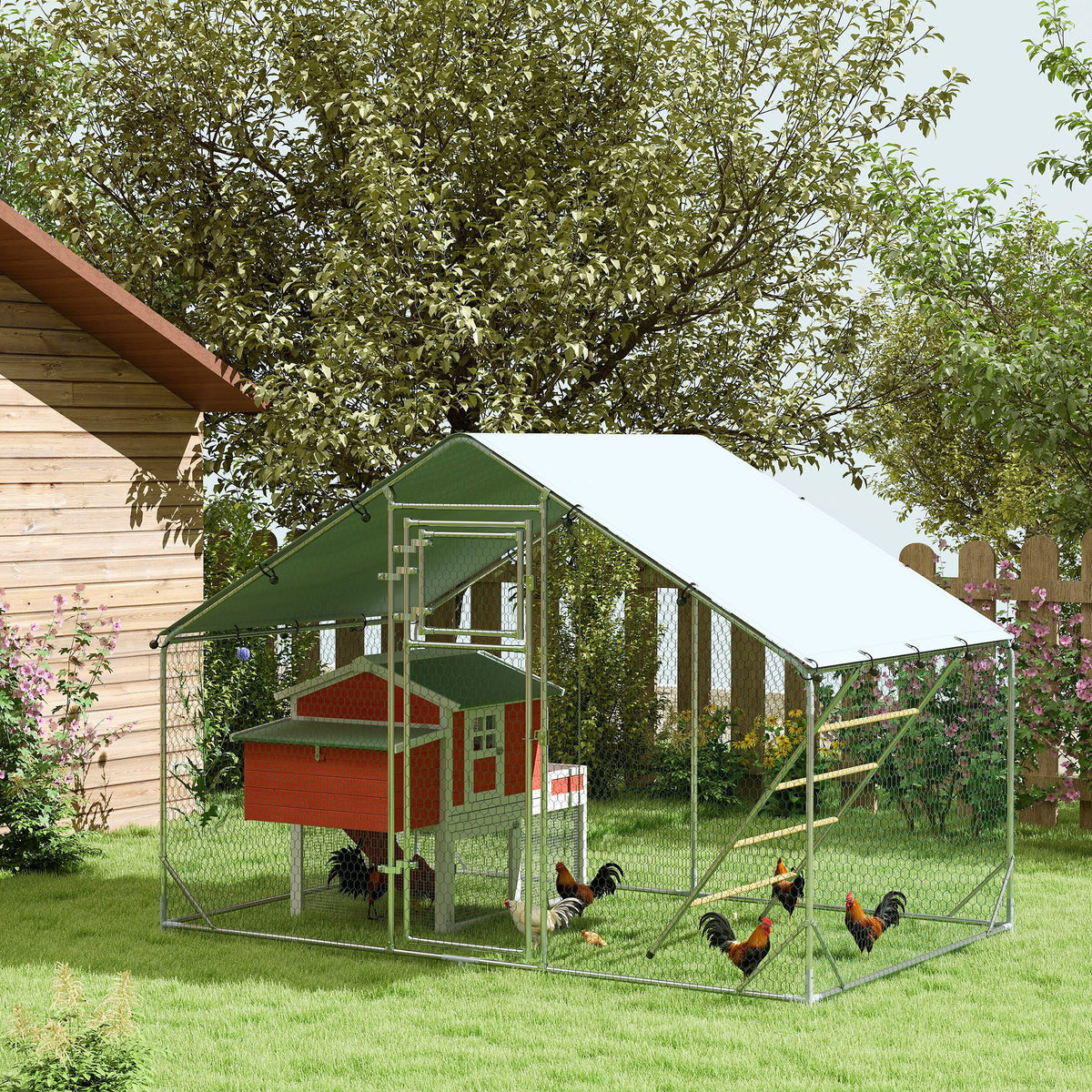 Enclos poulailler extérieur parc grillagé 6 m² avec perchoir et mangeoire acier galvanisé Ø25mm 300x200x195cm argent-1
