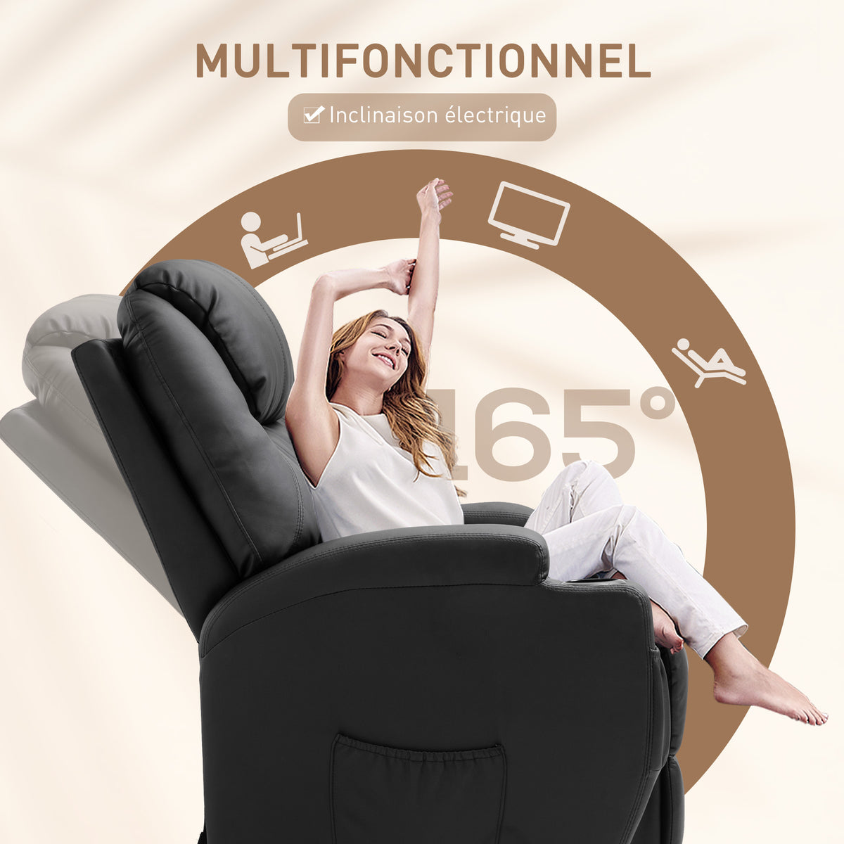 Fauteuil de Massage Inclinable, Chaise de Relaxation avec dossier et repose-pied électrique réglables revêtement synthétique pour Salon, Chambre, Cinéma Maison Noir-4