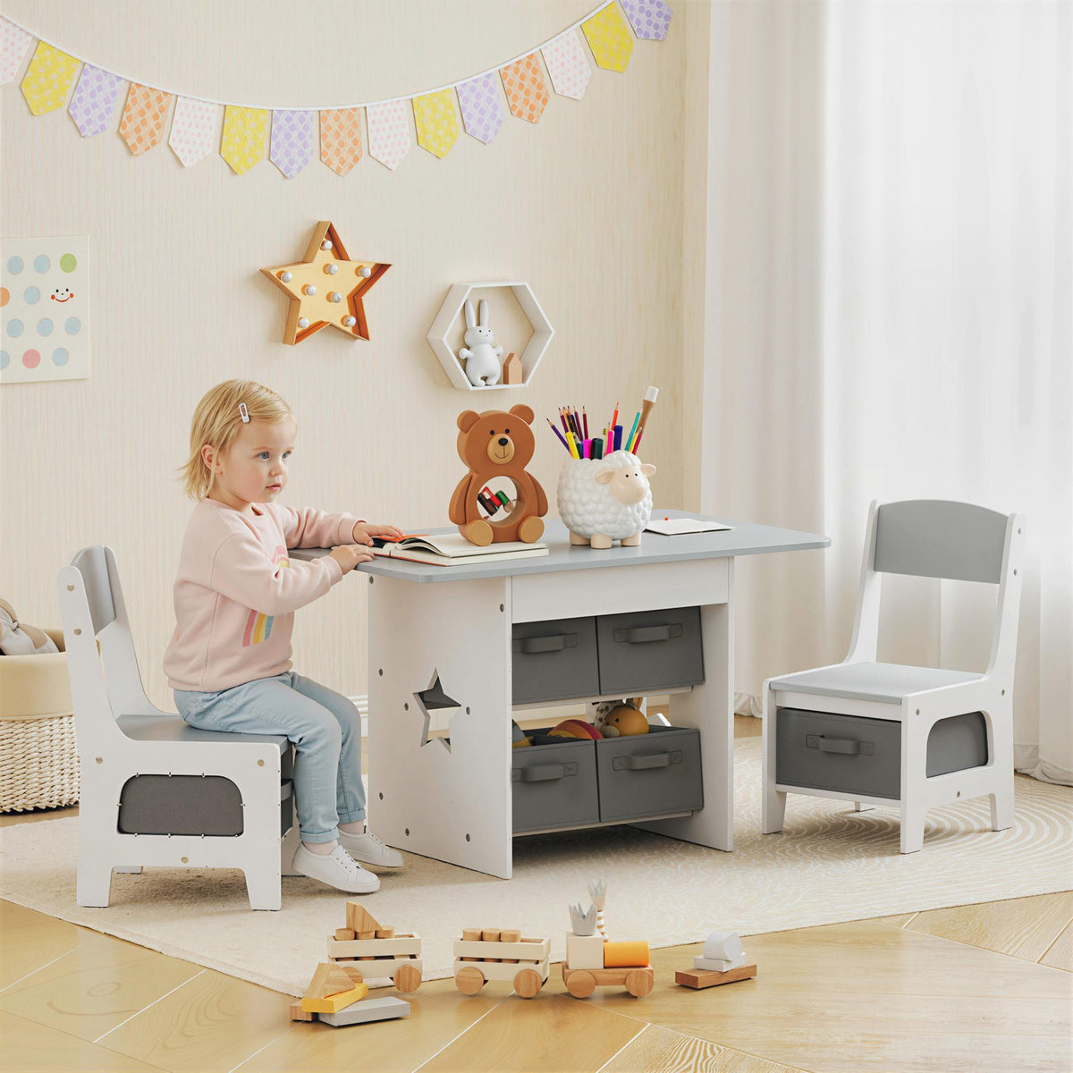 Ensemble table et 2 chaises enfant avec 6 tiroirs amovibles, pour fille garçon 3-8 ans, gris-1