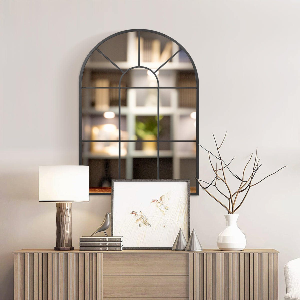 Miroir mural arqué 91x60cm, verrière arche industriel, fenêtre cadre métallique, salon, chambre, couloir, noir-1