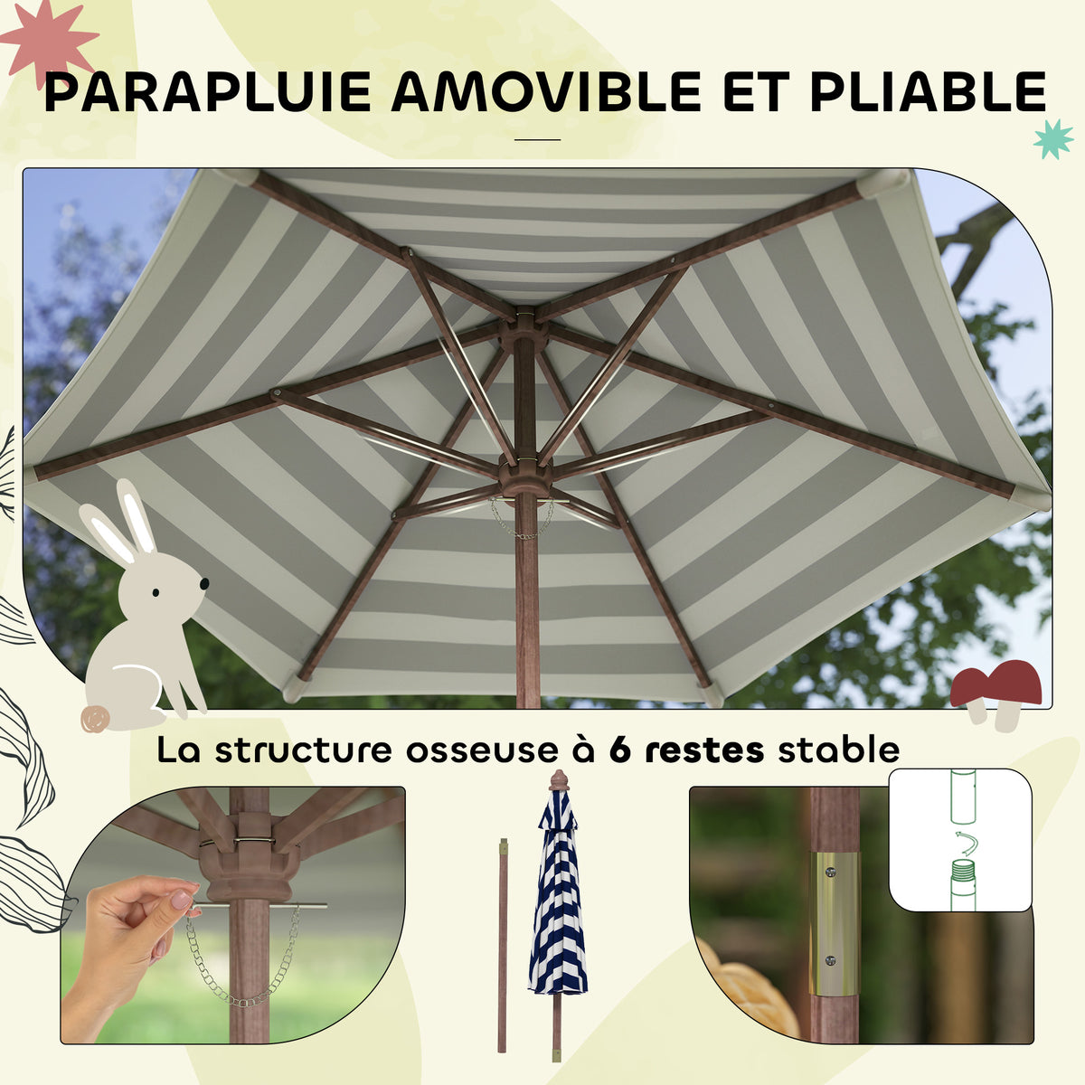 Ensemble salon de jardin extérieur enfant avec coussins et parasol amovible, rayé bleu marine et blanc-4