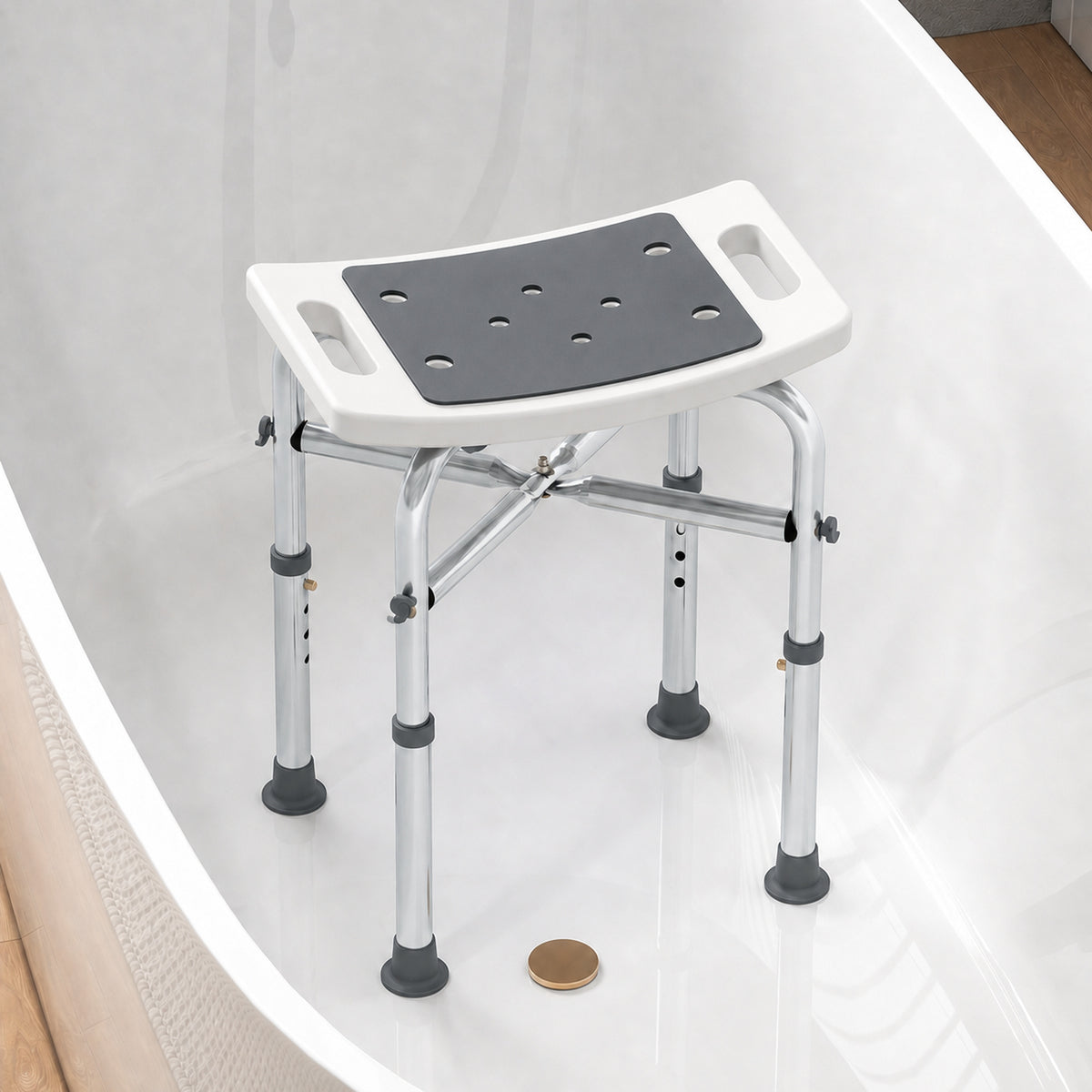 Tabouret de douche chaise de douche - assise rembourré et réglable, patins à ventouses antidérapants, en aluminium gris-1