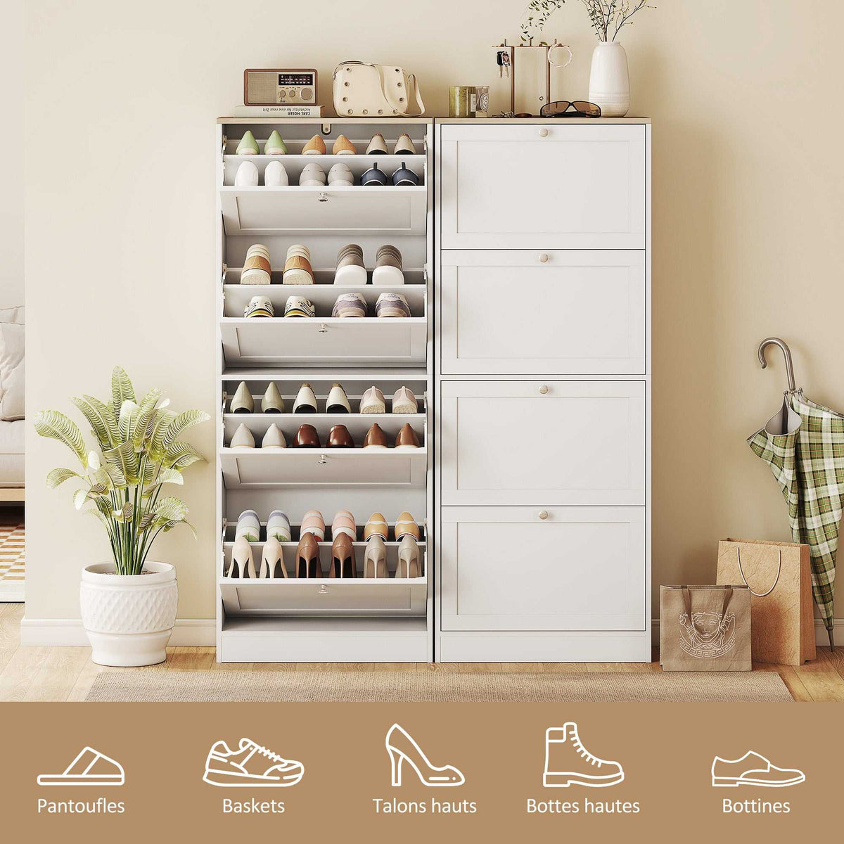 Meuble à chaussures 24 paires, armoire à chaussures avec 4 tiroirs rabattables, étagères réglables, 60x23,5x153cm, blanc-5