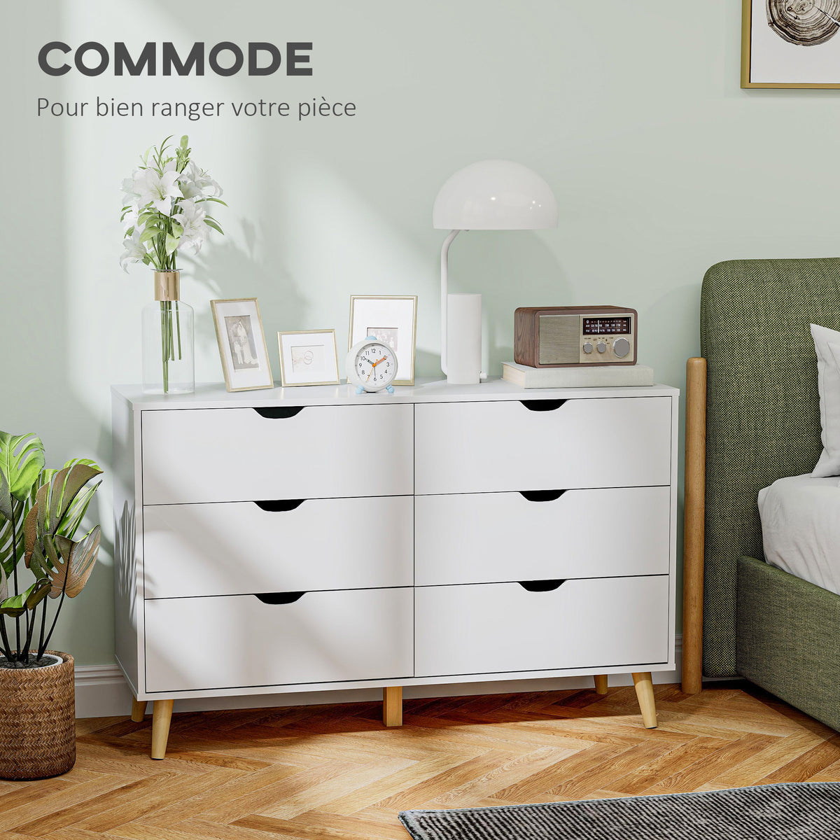 Commode 6 tiroirs meuble de rangement 5 pieds biseautés en bois 120 x 40 x 76 cm blanc-3