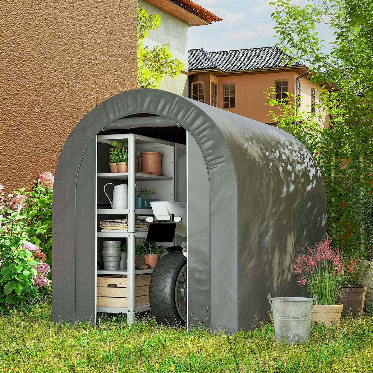 Abri de jardin tente de rangement extérieur abri de vélo garage pour vélo bâche en PE cadre en métal galvanisé gris-1