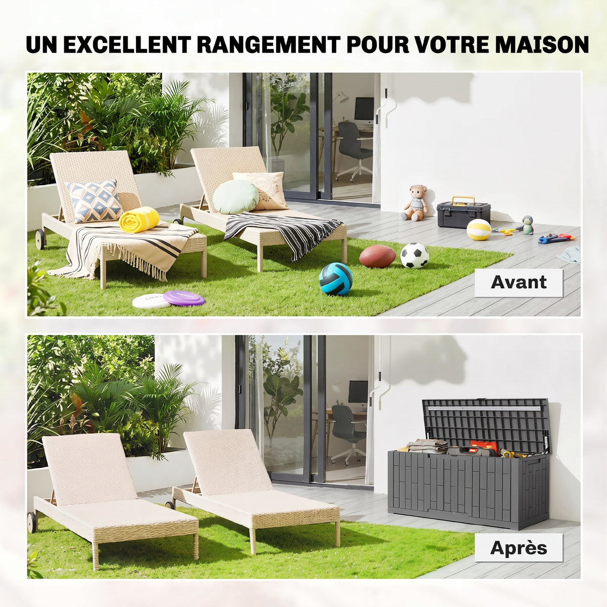 Coffre de Rangement Extérieur 379 L Verrouillable avec Vérin à Gaz, Aspect Bois, 122,5x56x62cm, Gris-3