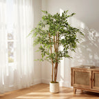 Plante artificielle intérieure 150 cm banian arbre artificiel, pot en plastique et tronc en bois massif, vert-1