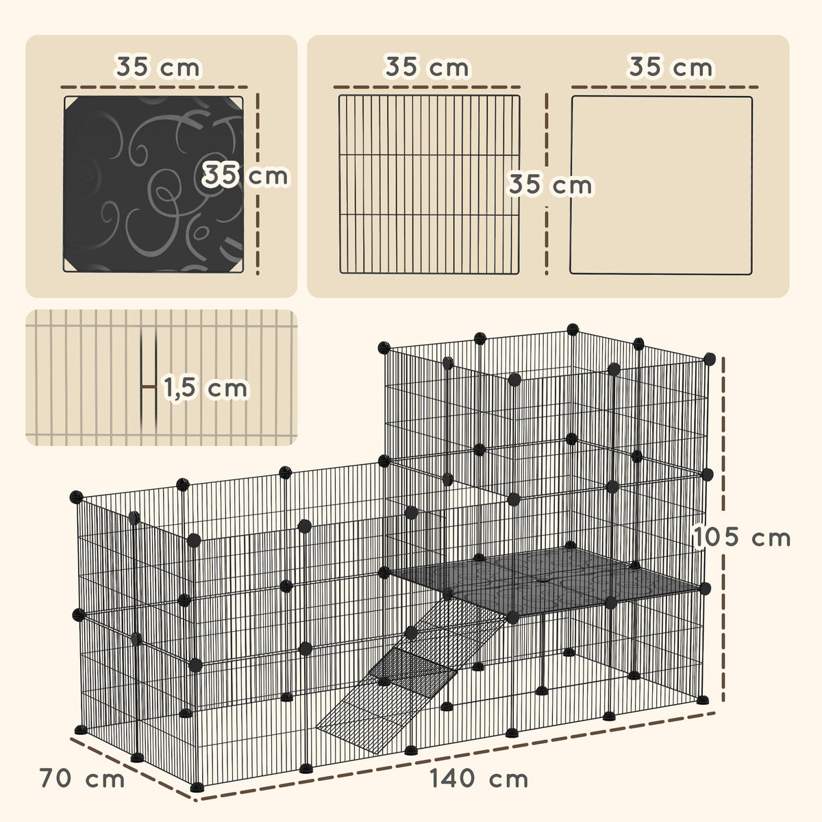 Enclos pour petits animaux, cage à lapin modulable 2 niveaux, 39 panneaux avec rampe, en acier, 140 x 70 x 105 cm, noir-2