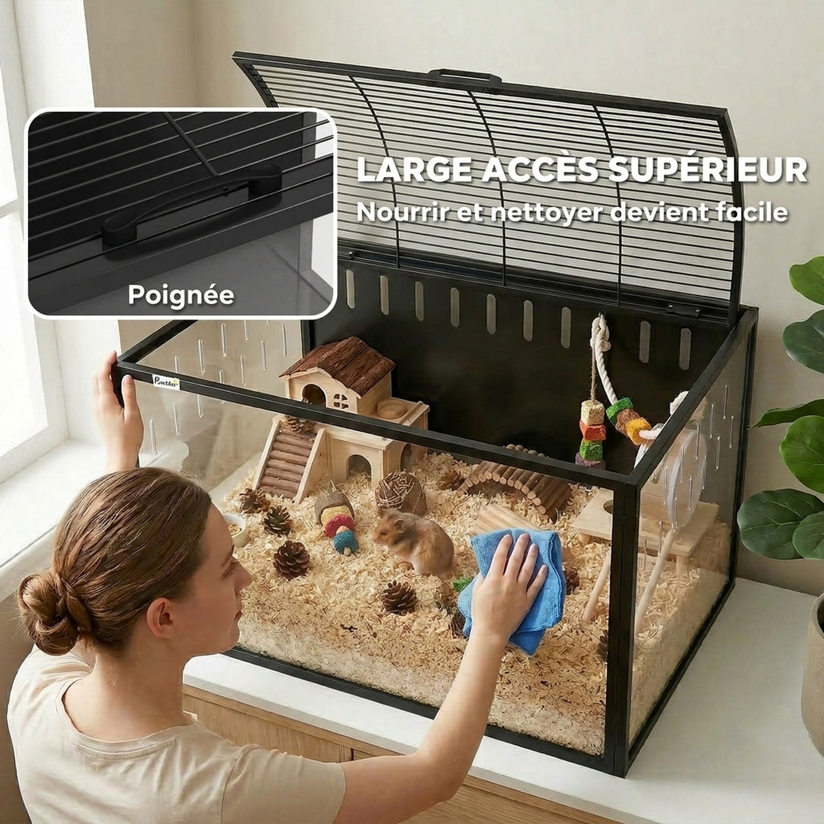 Cage à Hamster Géante Habitat pour Rongeur en Acier et Acrylique Transparent Vue Panoramique 81 x 51 x 53 cm Noir-4