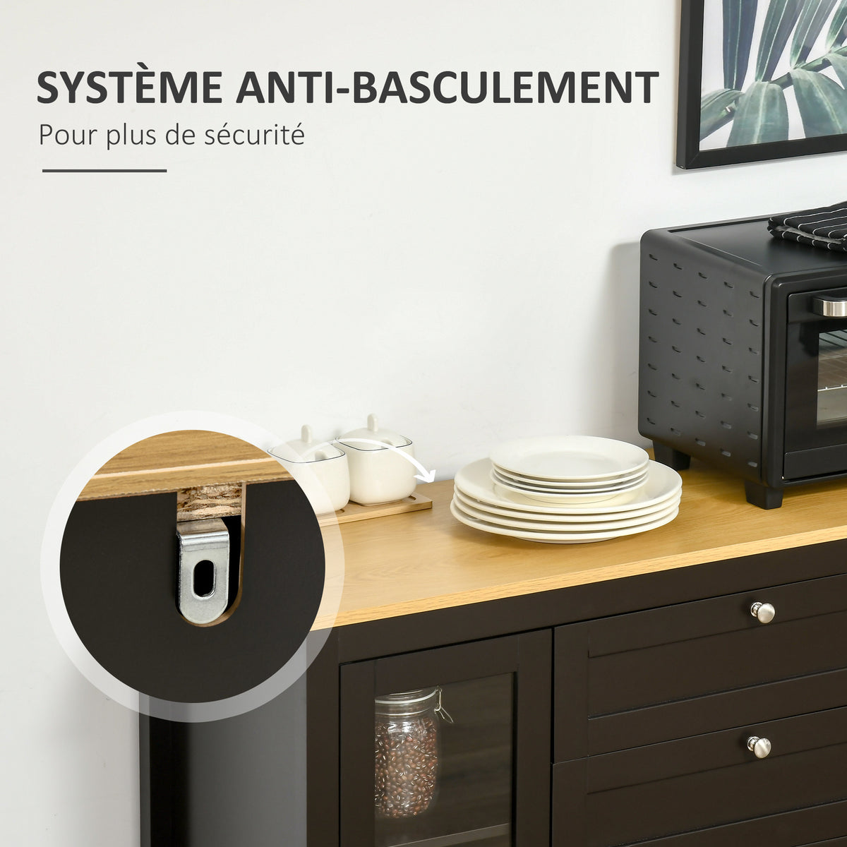 Buffet meuble de rangement 1 placard double porte 2 placards à porte vitrée 2 tiroirs étagère réglable 120x40x90cm noir-6