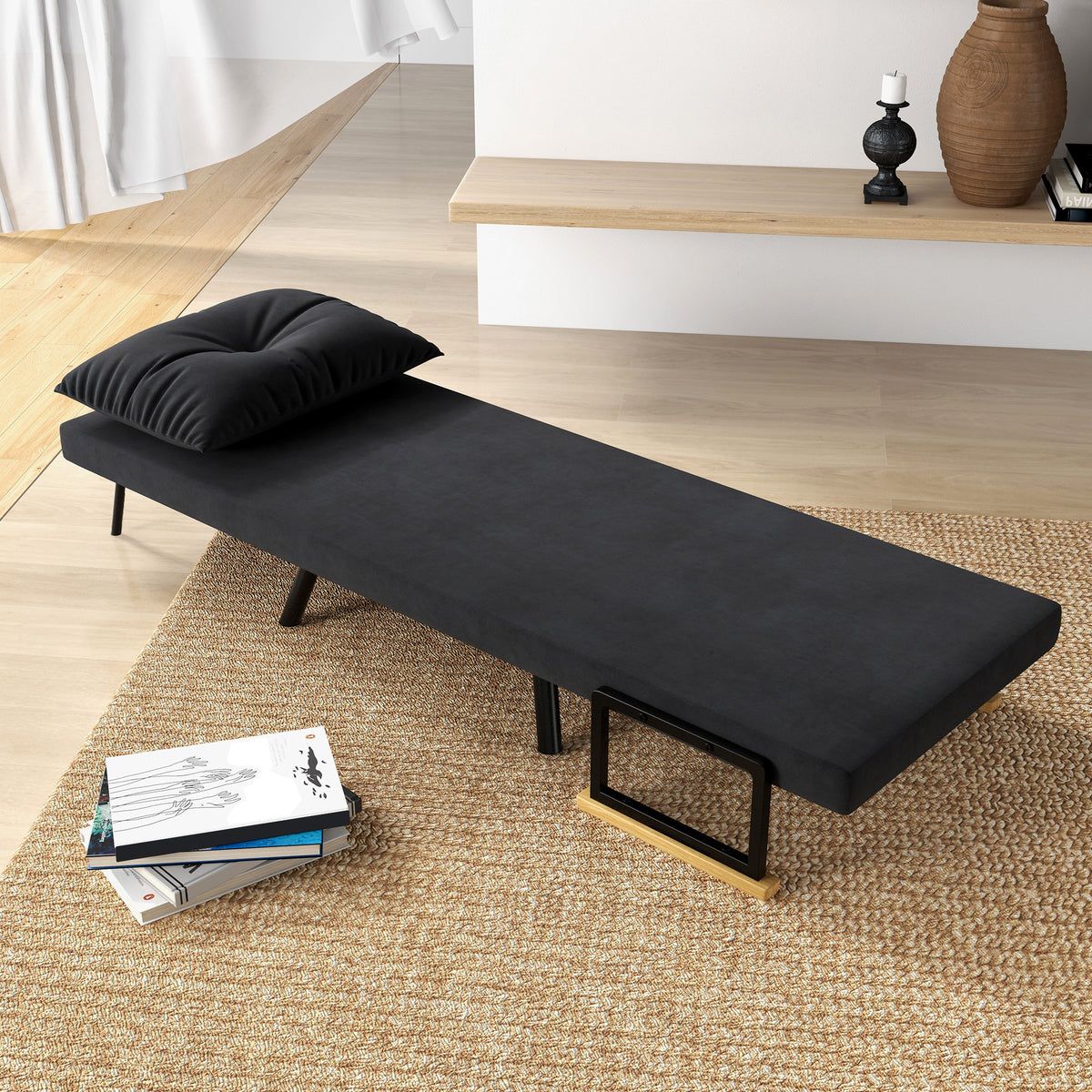 Fauteuil convertible 4 en 1 lit 1 place dossier 5 positions, accoudoirs en bois et coussin, tissu effet velours, noir-7
