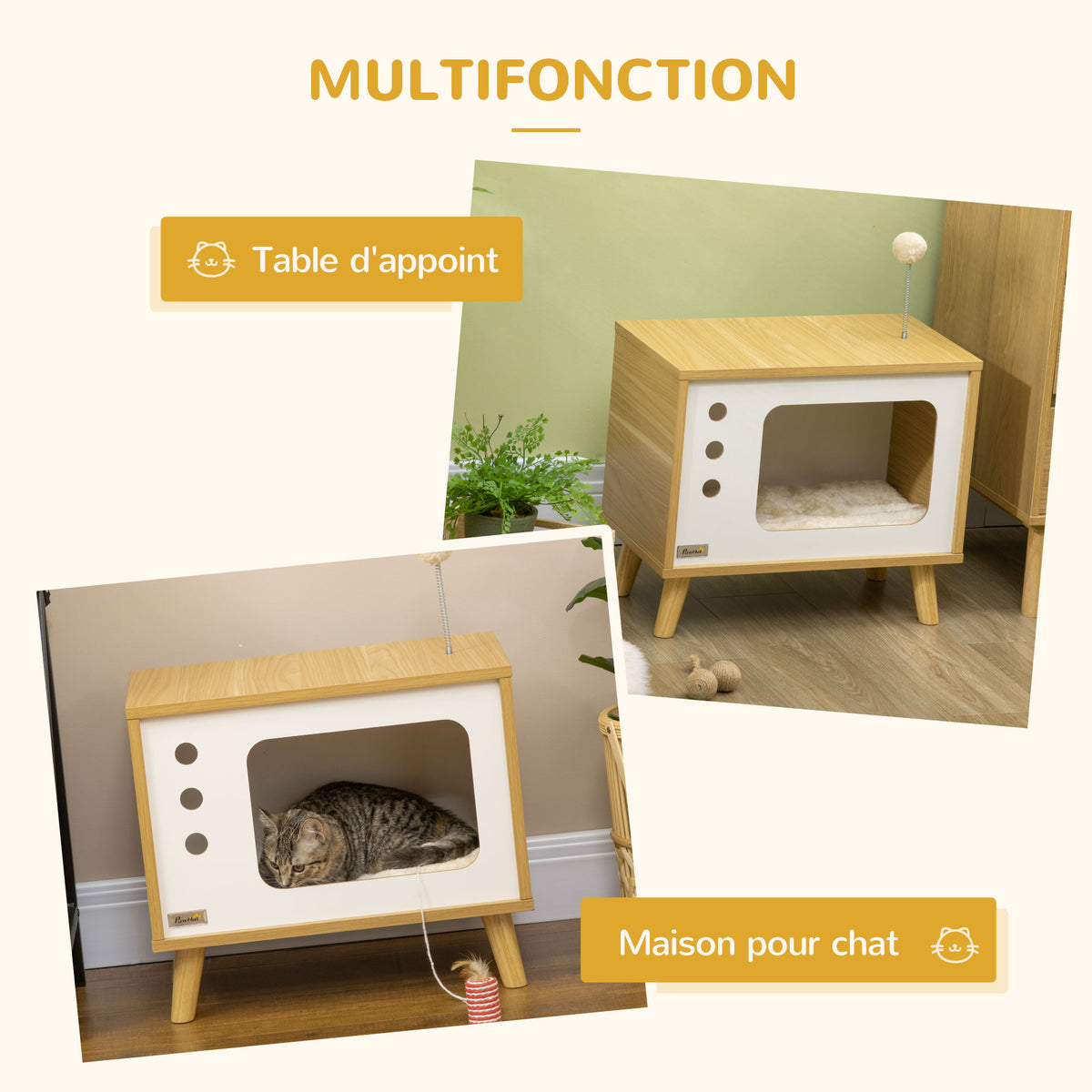 Maison niche pour chat forme de tv avec coussin douillet et balle rebondissante - 50 x 28 x 43 cm-3