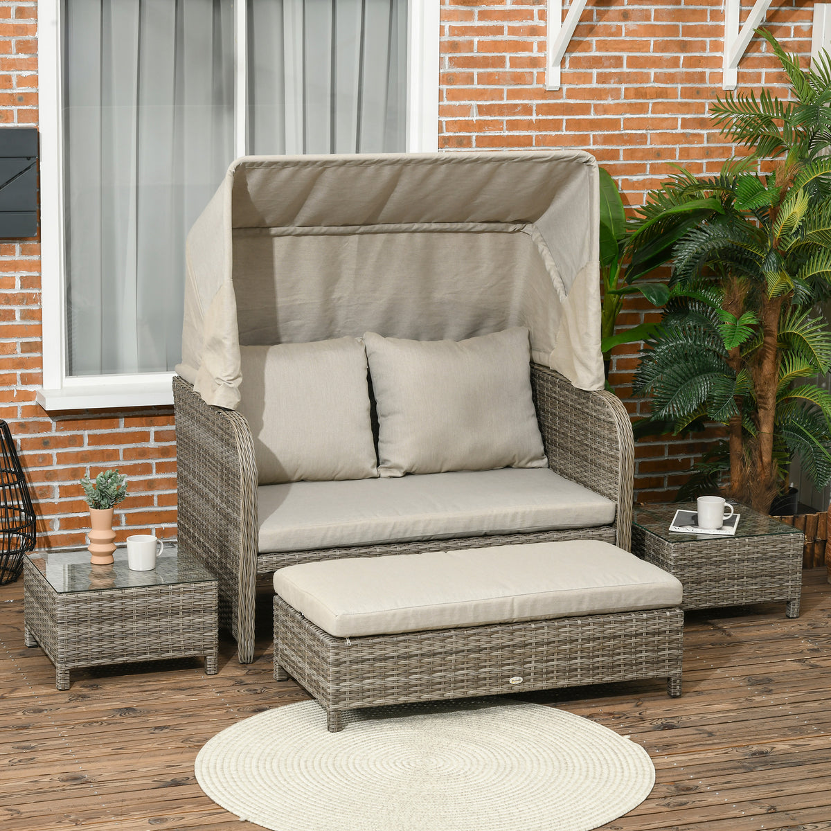 Ensemble salon de jardin 4 pièces canapé 2 places + 1 repose-pieds + 2 table basse avec coussins beige marron-1
